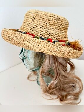 EUC Rare Chicos Natural Straw Boater Hat with Colorful Bead Trim - Women